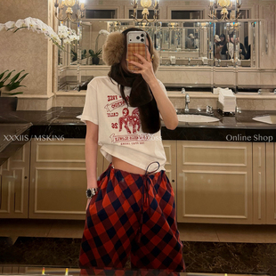 MSKIN6早春新款马年贺岁短袖T恤女红色印花宽松百搭棉质上衣