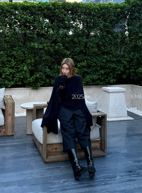 MSKIN6秋冬羊毛混纺阔腿七分裤女高腰显瘦通勤潮酷显腿长黑裤子