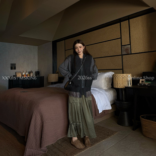 MSKIN6春夏新款缎面工装半裙女高腰显瘦军绿通勤百搭抽绳设计