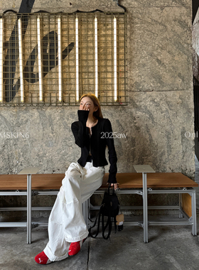 MSKIN6秋冬新款白色牛仔工装裤女直筒显瘦高腰显腿长不挑身材纯棉