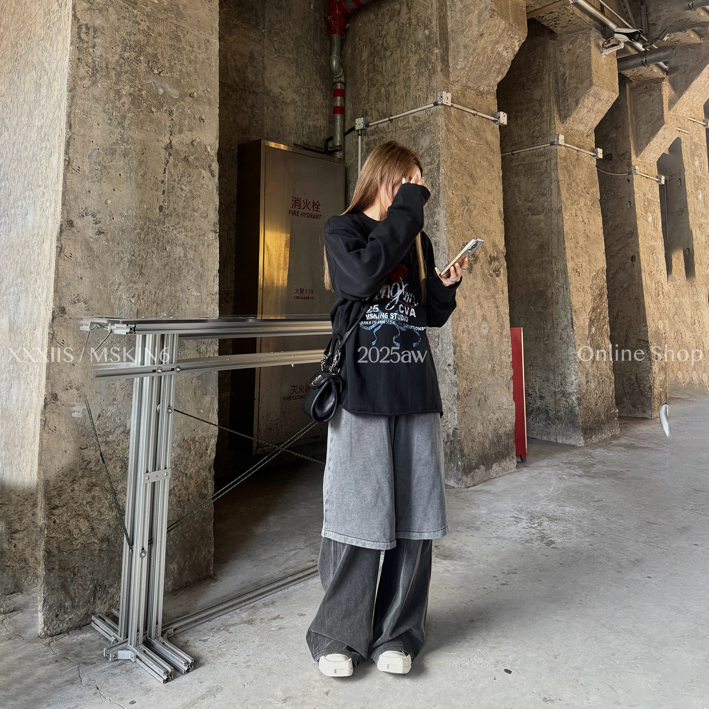 MSKIN6早秋复古洗水假两件卫裤女