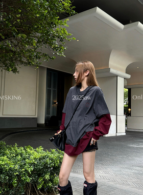 MSKIN6秋冬假两件撞色长袖T恤女宽松字母刺绣显瘦内搭棉质潮牌