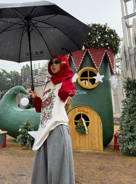 MSKIN6圣诞红白撞色印花长袖T恤女宽松纯棉慵懒百搭显瘦新年装