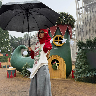 圣诞红白撞色印花长袖T恤女宽松