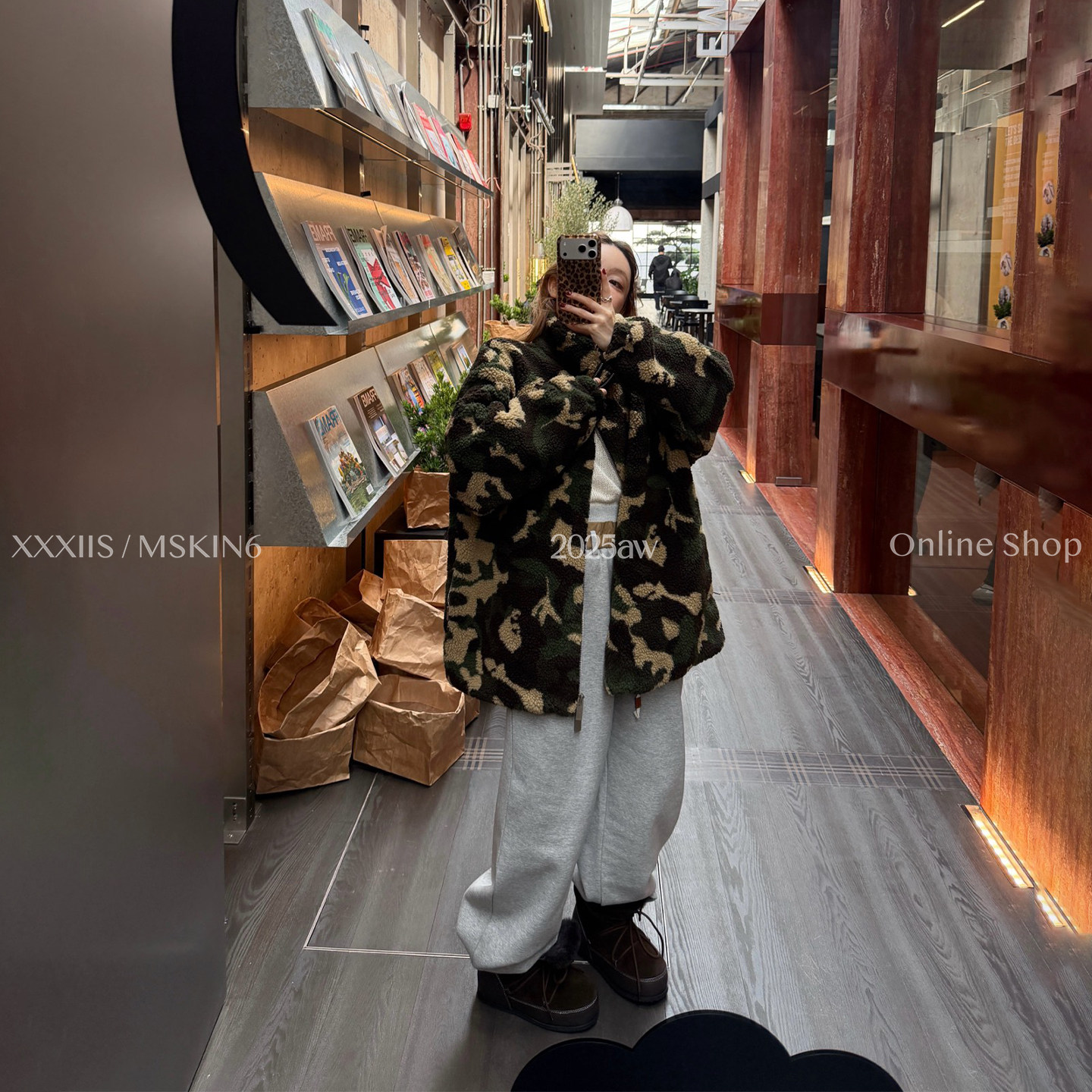 冬季复古迷彩摇粒绒夹棉外套女