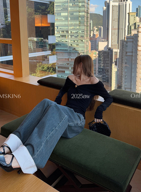 MSKIN6秋季法式交叉褶皱V领长袖女上衣纯棉收腰显瘦修身百搭