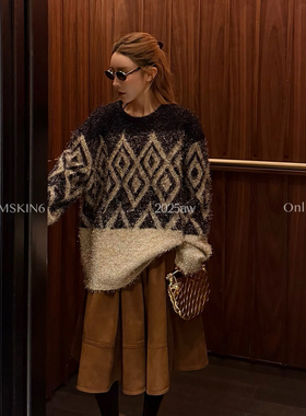 MSKIN6圣诞新年氛围感毛衫女秋冬宽松菱格纹针织上衣高腰显瘦
