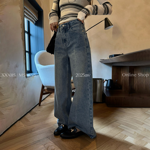 高腰显瘦阔腿牛仔裤女复古水洗