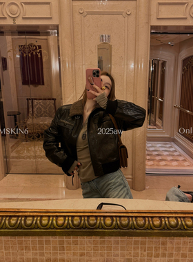 MSKIN6秋冬毛领羊羔毛拼接夹克外套女短款显高显瘦进口羊皮革