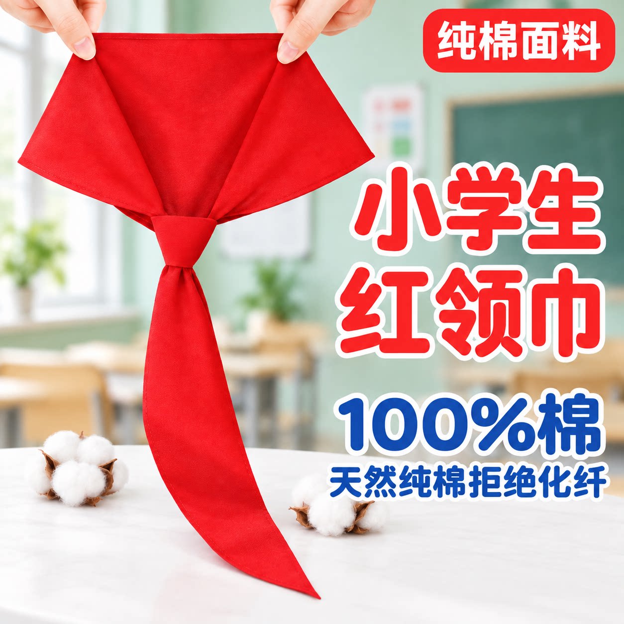 100%真纯棉红领巾小学生不掉色通用抗皱儿童加厚红邻巾小学一二年级学校标准小号全棉大号1.2m高质量不褪色