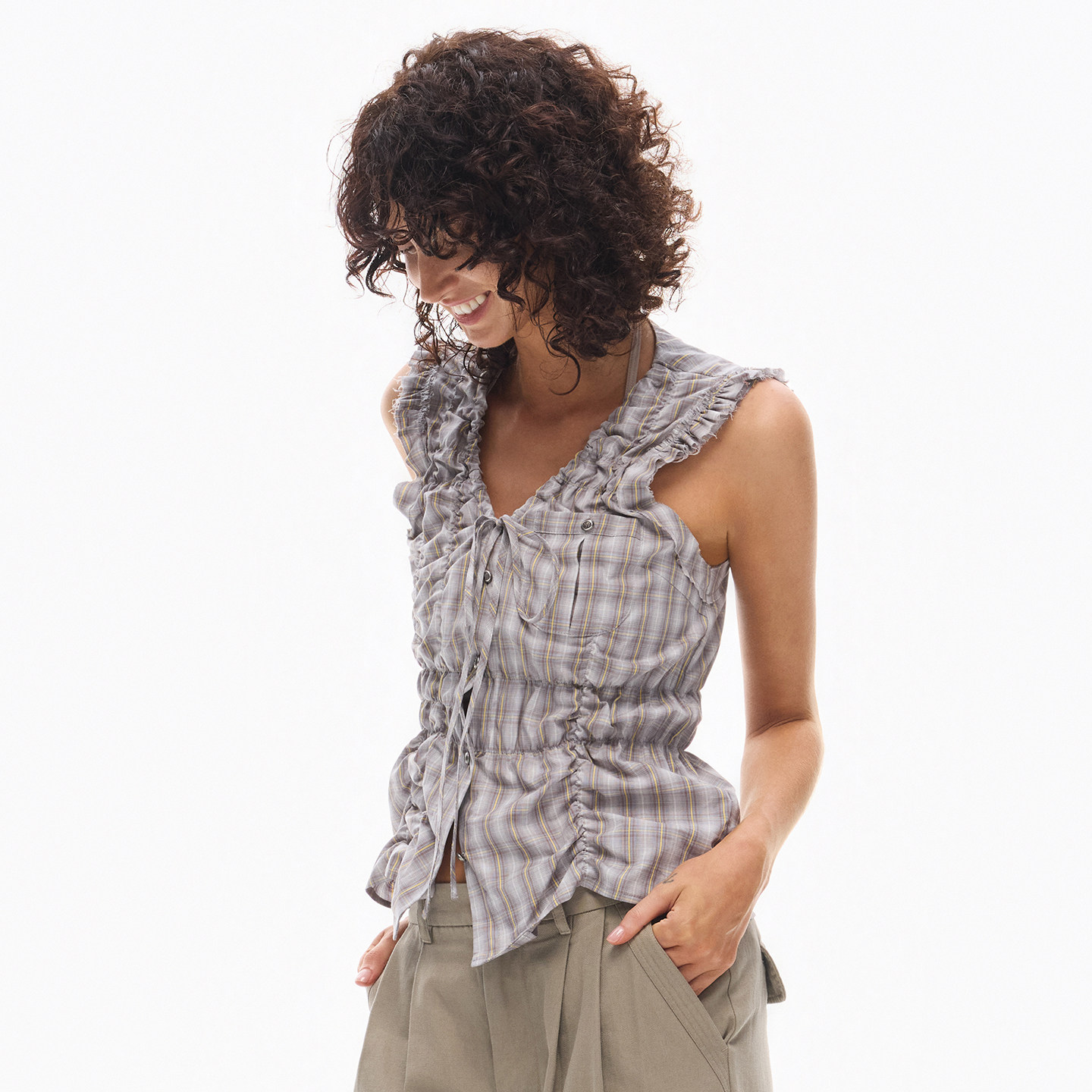 INTERRIS 抽褶艺术 纯棉复古格纹不规则弹力无袖马甲衬衫绑带上衣