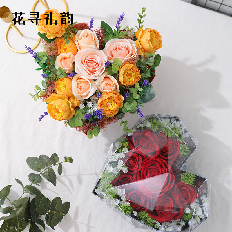 透明心形亚克力花盒鲜花礼品盒表白玫瑰花包装盒花艺包装礼盒花店
