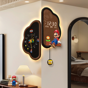 中古风马里奥客厅转角挂钟高级感万年历电子钟表创意双面拐角时钟