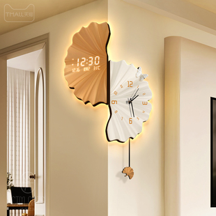 银杏叶客厅拐角挂钟2025新款万年历电子钟表创意双面转角时钟壁灯