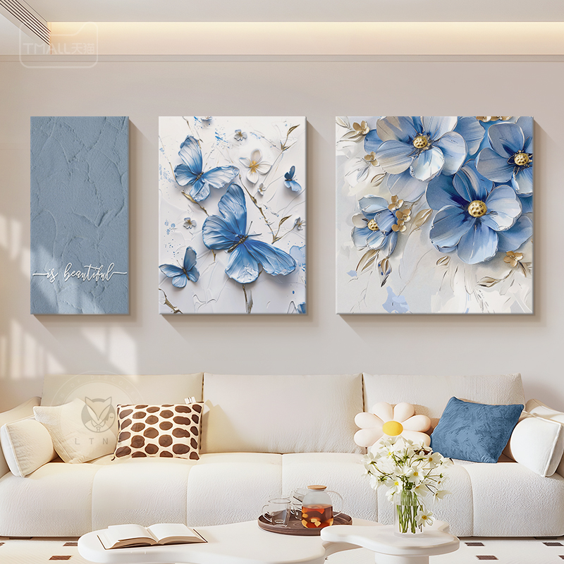 奶油风客厅装饰画抽象花卉沙发背景墙挂画高级感艺术蝴蝶肌理壁画图片