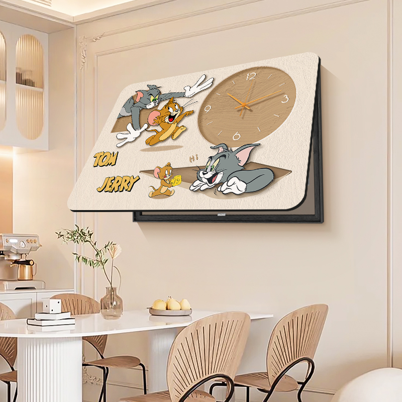 猫和老鼠电表箱装饰画奶油风带钟表配电箱遮挡挂画电闸开关盒壁画图片
