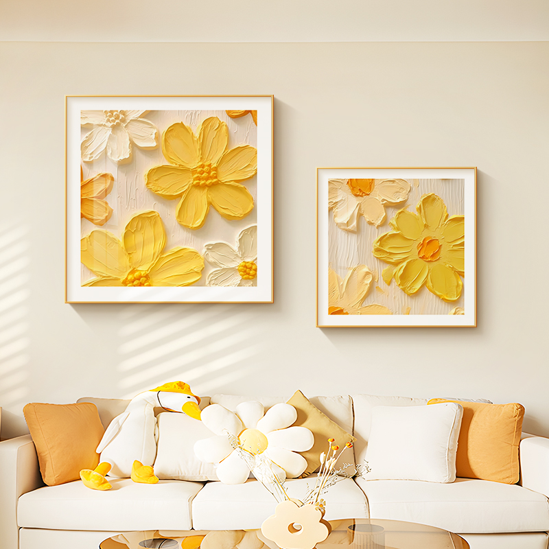 ins奶油风客厅装饰画抽象花卉正方形餐厅壁画高级感卧室床头挂画图片