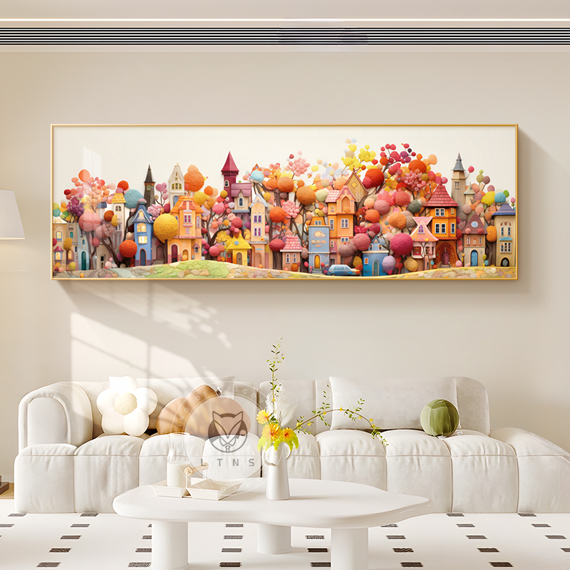 童话小镇客厅装饰画奶油风沙发背景墙横版挂画小众艺术高级感壁画