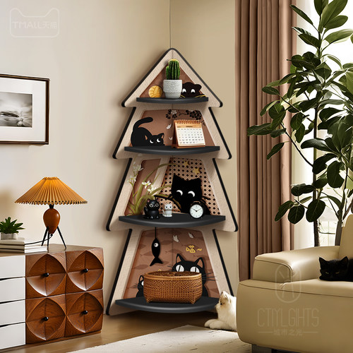 中古风三角落地置物架复古转角柜