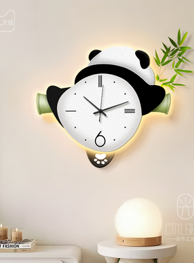 熊猫客厅挂钟绿植摇摆时钟壁灯2025新款静音发光餐厅家用挂墙钟表