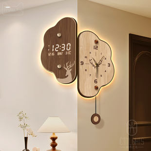 中古风客厅转角时钟高级感万年历电子钟表复古创意双面拐角挂钟