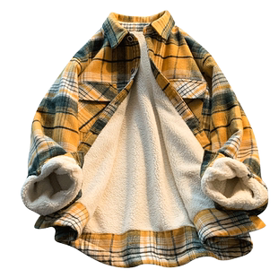 男童加绒衬衫羊羔绒加厚秋冬款一体绒衬衣外套儿童装冬季夹棉格子