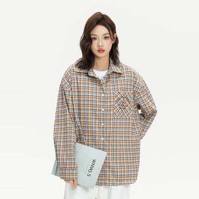 drinto翻领长袖格纹衬衫