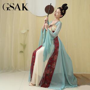 GSAK唐制刺绣流苏改良汉服撞色印花齐胸假两件汉元素古装连衣裙女