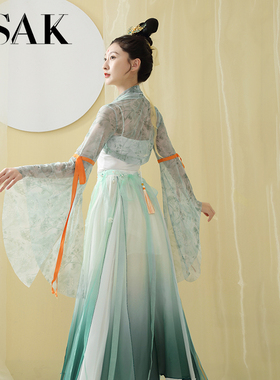 原创改良汉服渐变色大裙摆喇叭袖纱衣套装汉元素日常新款古装女夏