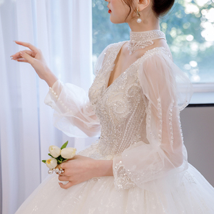 婚纱新娘2025新款 高级质感高定款冬季长袖法式重工奢华拖尾主纱