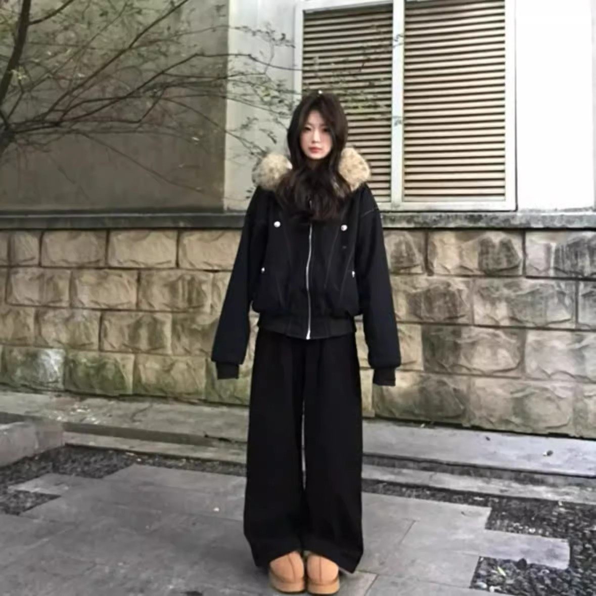 美式复古黑色座山雕外套女款秋冬派克服加绒加厚国潮短款夹克棉服