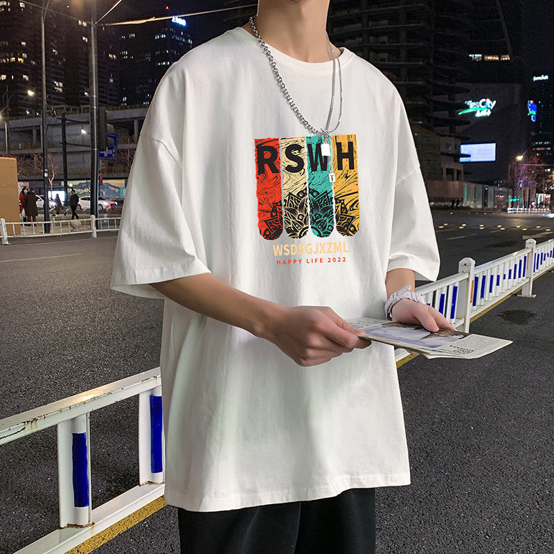 22夏季港风男士百搭休闲复古印花潮大码宽松圆领短袖T恤T6611-P15图片