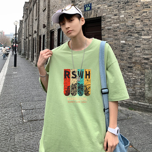 22夏季港风男士百搭休闲复古印花潮大码宽松圆领短袖T恤T6611-P15图片
