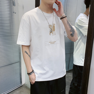 纯棉!!2023新款男士短袖T恤港风潮流宽松休闲刺绣装纯色T880TP24图片