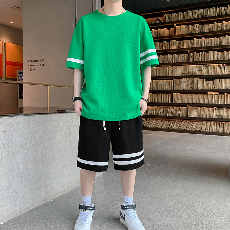 2022运动套装男夏季休闲华夫格宽松短袖短裤两件套TZ611-P38,男装休闲套装,星座815-2