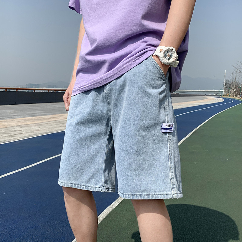 夏季港风新品宽松直筒休闲潮多标设计中性牛仔五分短裤D25-P35,男装牛仔裤,星座815-2