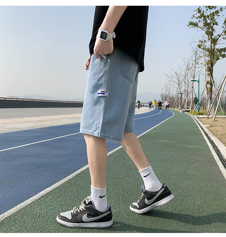 夏季港风新品宽松直筒休闲潮多标设计中性牛仔五分短裤D25-P35,男装牛仔裤,星座815-2