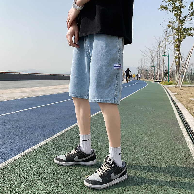 夏季港风新品宽松直筒休闲潮多标设计中性牛仔五分短裤D25-P35图片