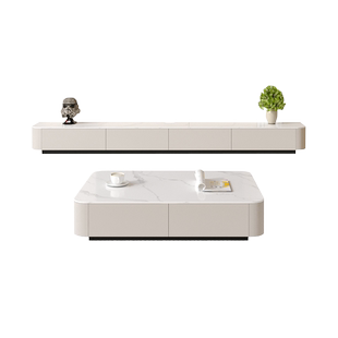 岩板电视柜茶几组合现代简约客厅地柜奶油白风小户型地台电视机柜