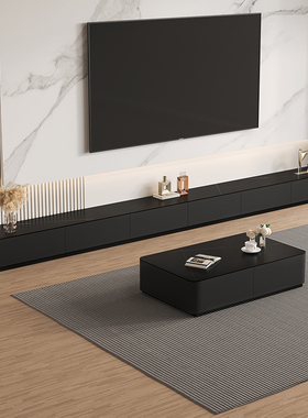 黑色电视柜茶几组合客厅北欧现代简约小户型实木岩板地台电视机柜