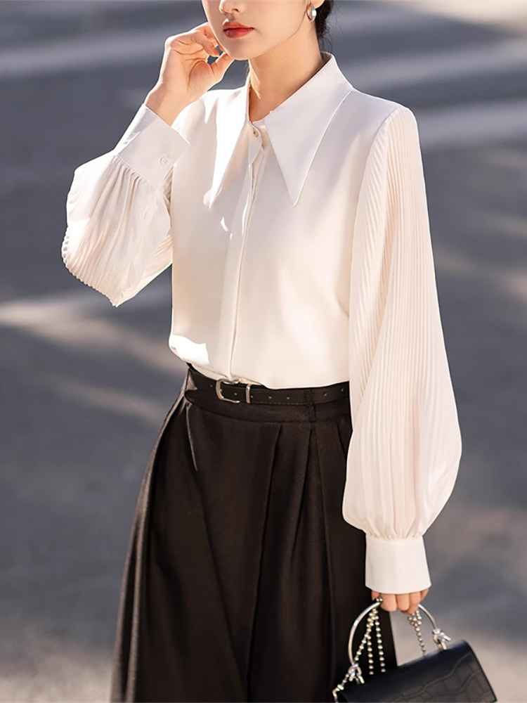 潮牌大翻领雪纺衬衫女春秋新款长袖风琴褶设计感衬衣简约气质上衣