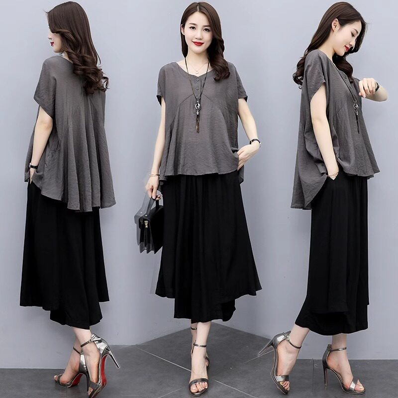 潮牌大码阔腿裤套装女2026年夏季新款妈妈气质遮肚减龄裙裤两件套