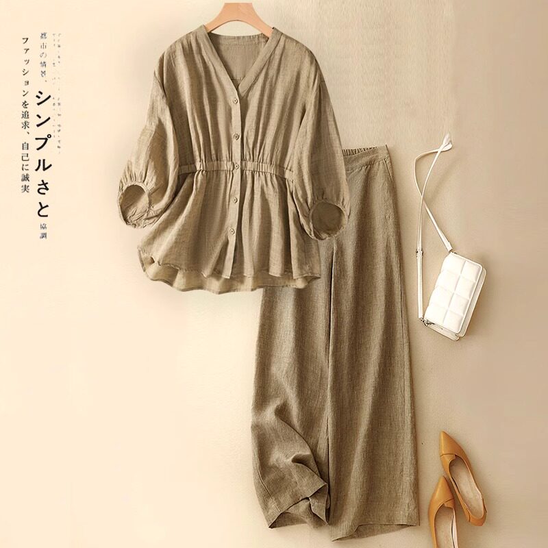 潮牌大码棉麻衬衫套装女夏新款妈妈洋气高端亚麻休闲裤复古两件套