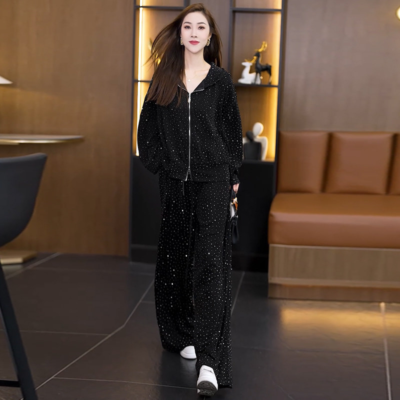 潮牌大码时尚黑星空女2025春秋季新款时髦高级感垂感阔腿裤两件套