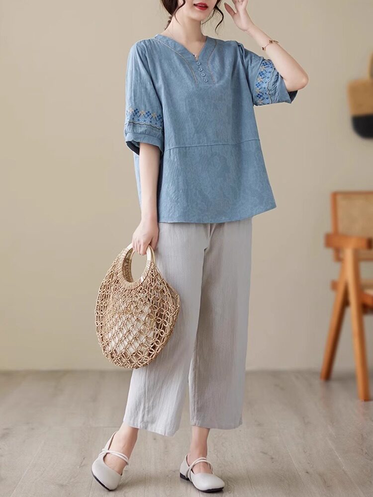 妈妈夏装新款洋气时尚棉麻套装中年女士短袖t恤上衣服亚麻两件套