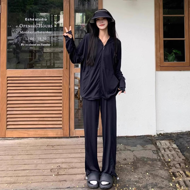潮牌冰丝防晒衣休闲运动服套装女夏季显瘦轻薄防紫外线户外两件套