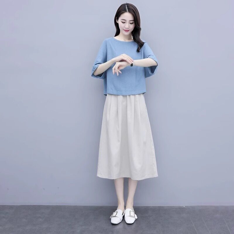 潮牌棉麻半身裙套装女2025夏季新款韩版时尚洋派减龄遮肚子两件套