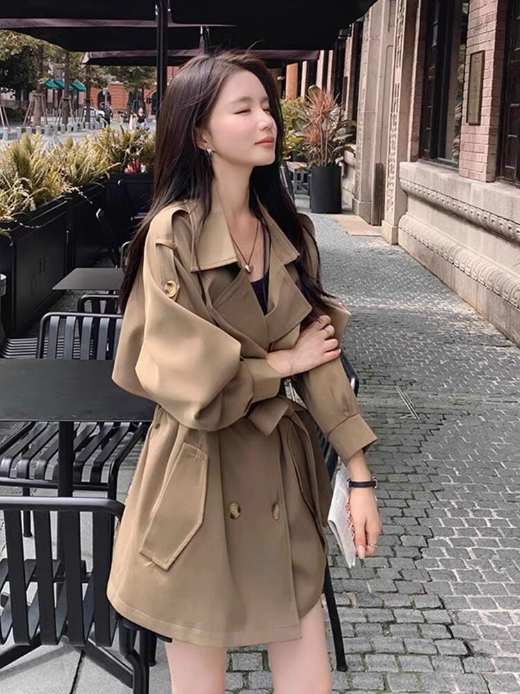 潮牌小个子宽松外套女春秋新款流行韩系显瘦气质休闲收腰中款风衣