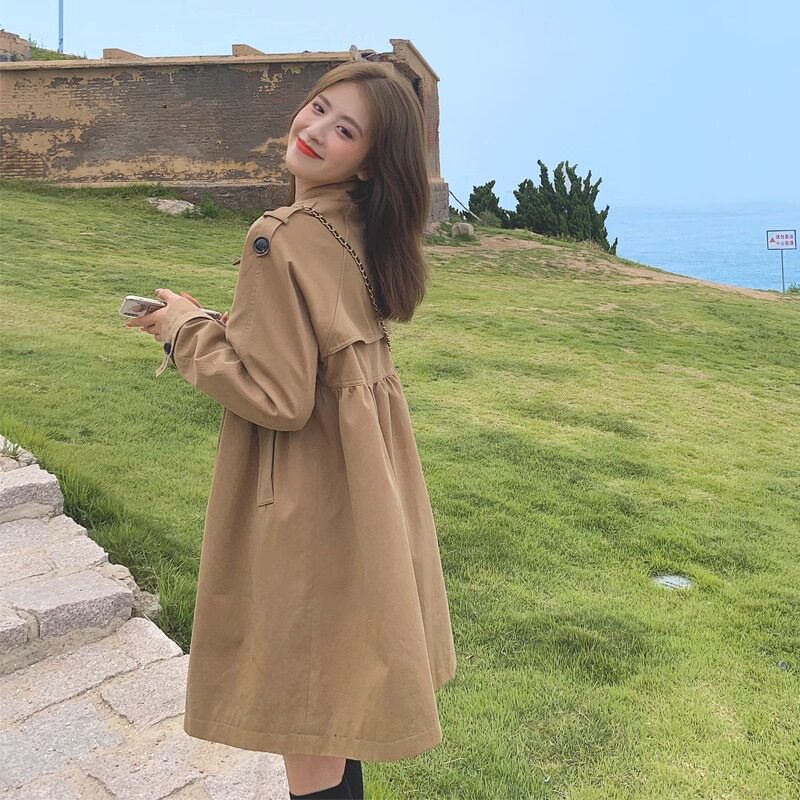 潮牌卡其色风衣女2025春秋新款法式双排扣韩版宽松小个子中长外套