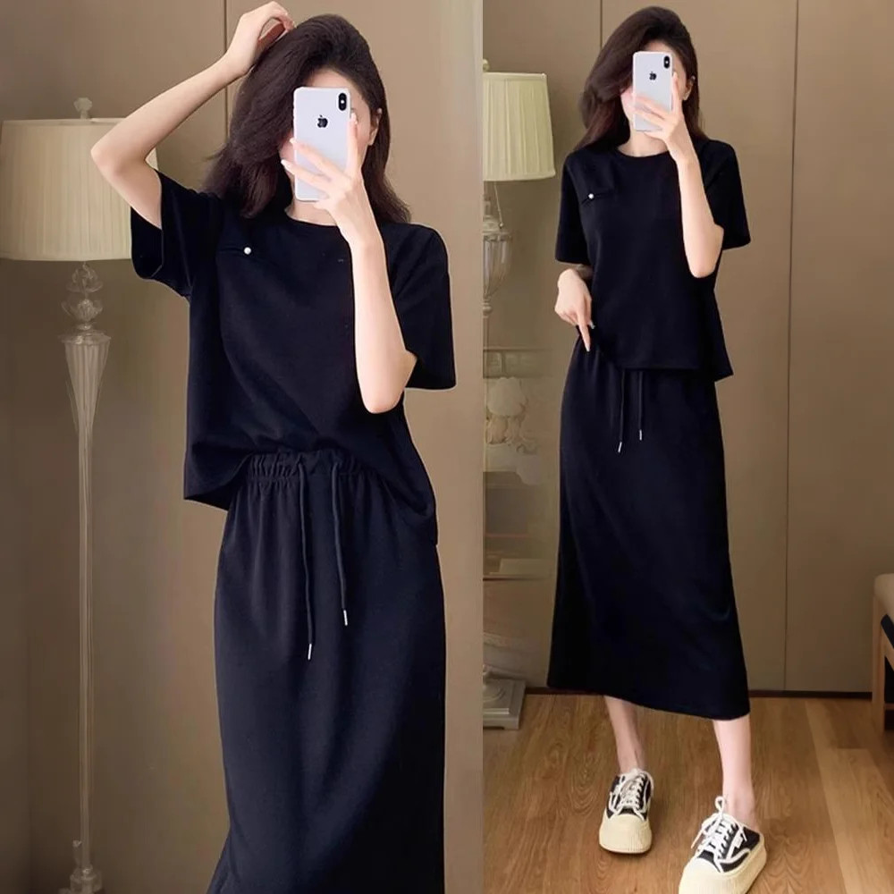 潮牌减龄一整套穿搭套装裙女2026新款夏大码胖mm巨显瘦遮肉两件套